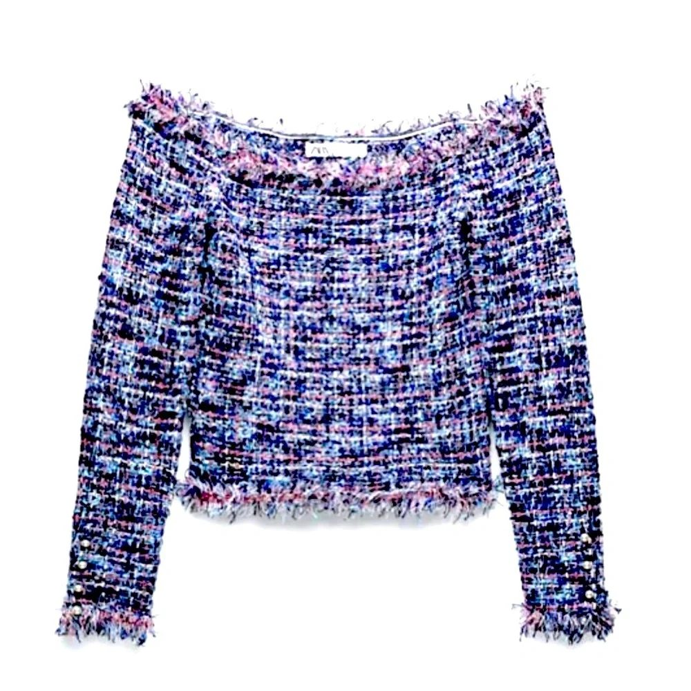 Zara textured pink metallic fibers stretching tweed frayed hem long sleeves top - Picture 13 of 15